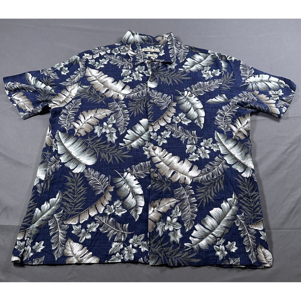 Batik Bay Mens XL Tropical Palm Leaf Floral Rayon Button Up‎ Shirt Blue Gray